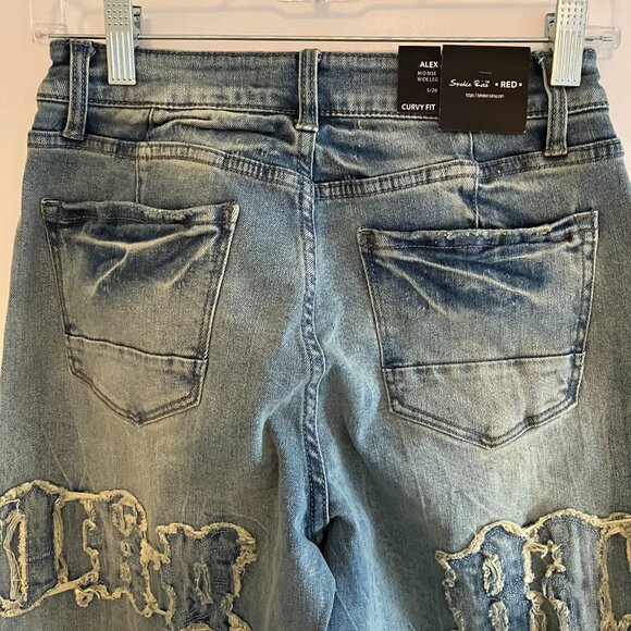 Smoke Rise Red Jeans Size 5/26 Denim Acid Wash Mid Rise Flare Curvy Fit Wide Leg - Picture 6 of 12
